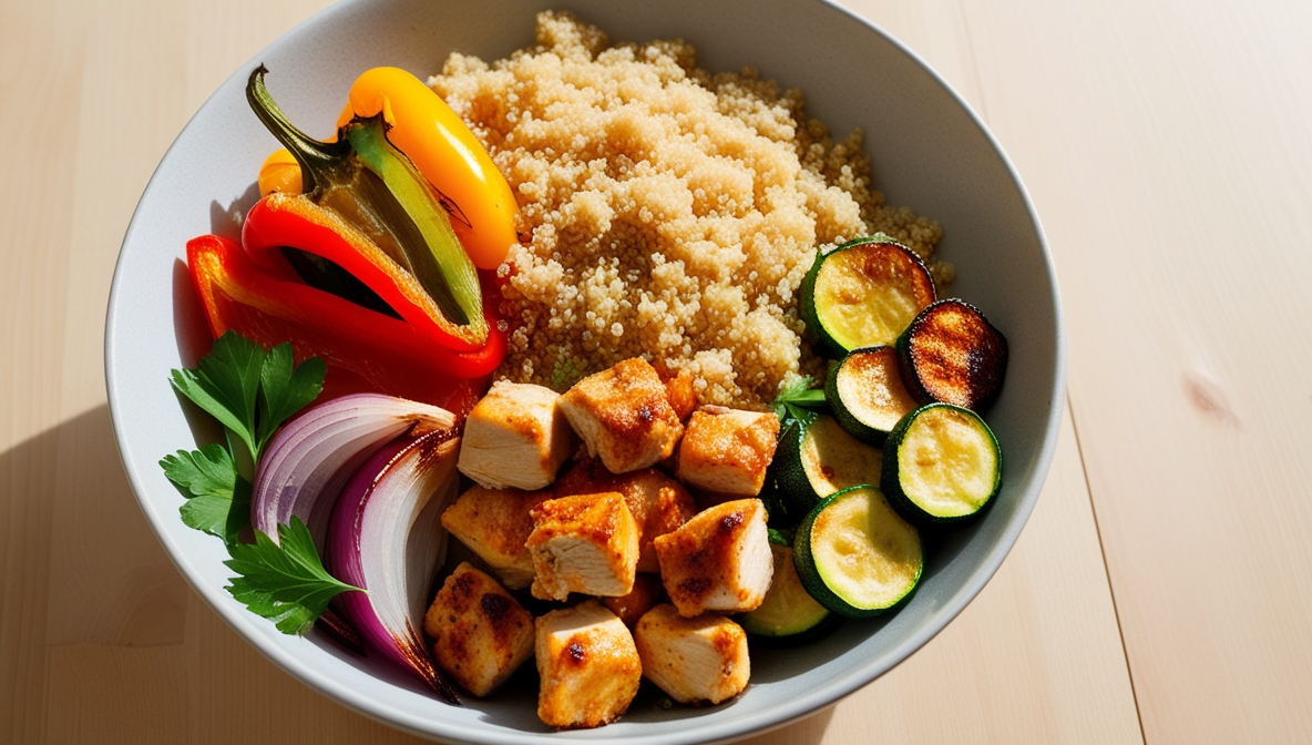 Bowl Proteico de Quinoa y Pollo con Vegetales Asados