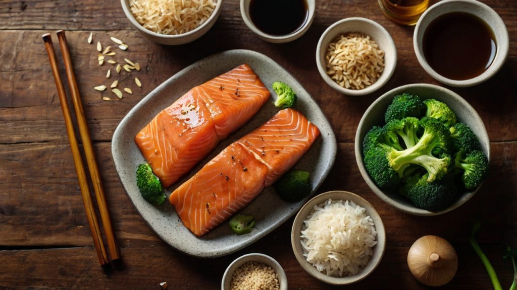 Salmón Teriyaki con Arroz Integral y Brócoli
