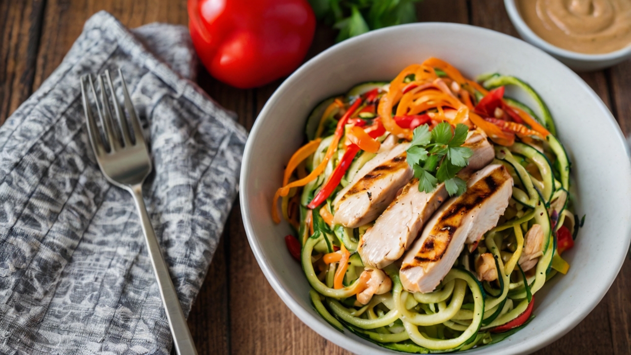 Bowl de Zoodles con Pollo y Salsa de Cacahuete