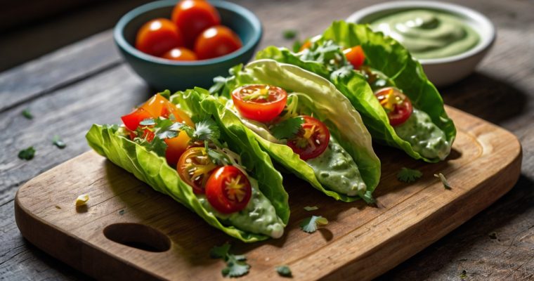 Tacos de Lechuga con Heura y Salsa de Aguacate
