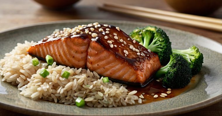 Salmón Teriyaki con Arroz Integral y Brócoli