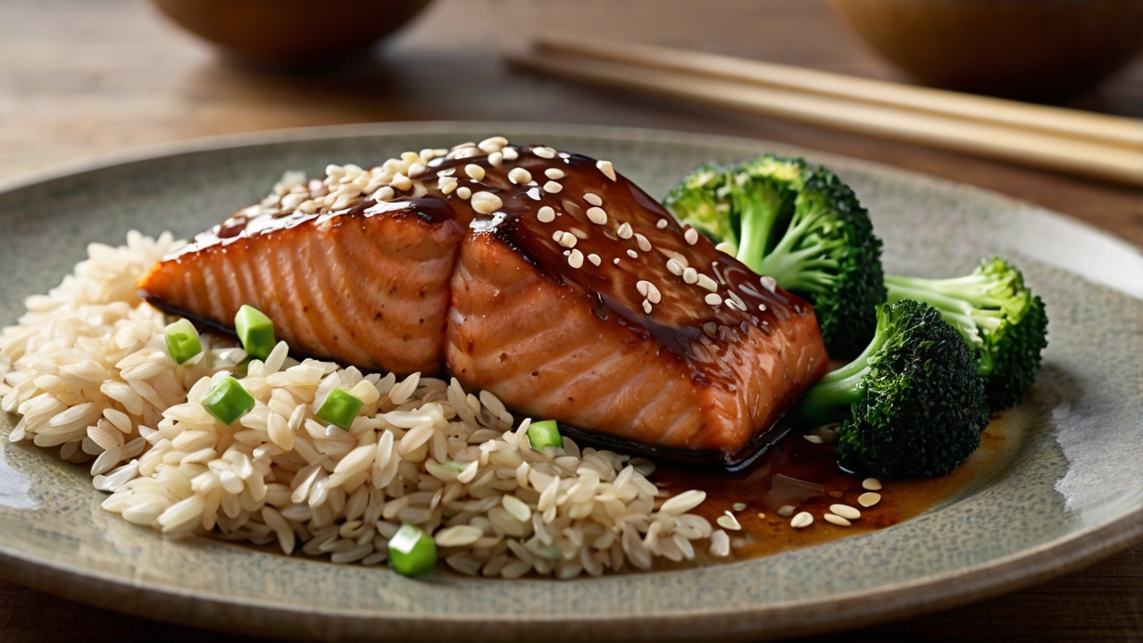 Salmón Teriyaki con Arroz Integral y Brócoli