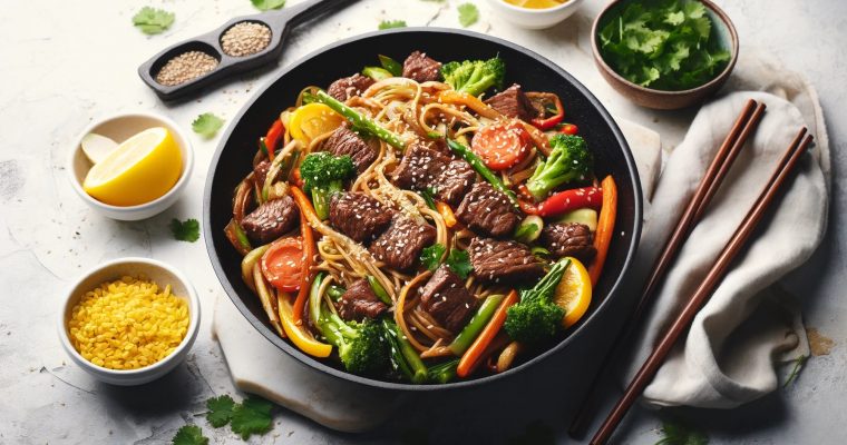 Wok de Ternera con Noodles de Arroz y Verduras Crocantes