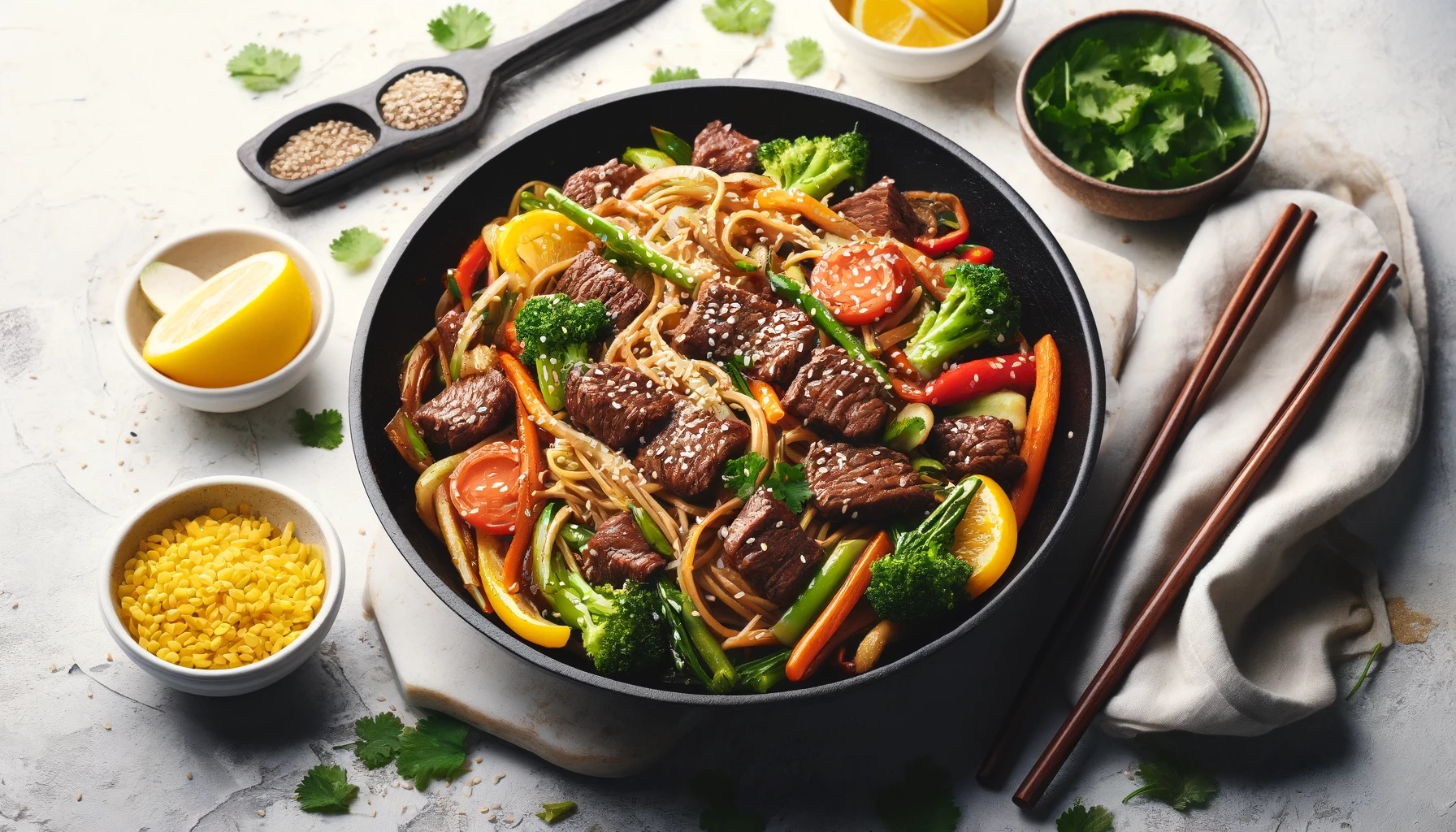Wok de Ternera con Noodles de Arroz y Verduras Crocantes